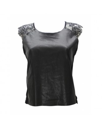 Black top with lace sleeves and imitation leather